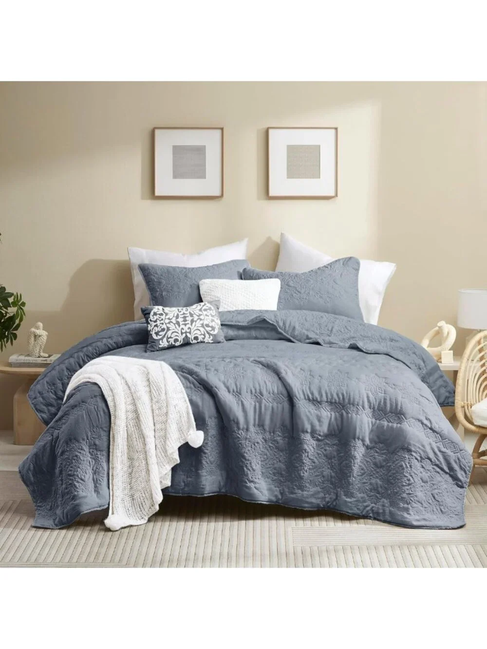 Boho Blue California King Quilt Set - Oversized Floral Lightweight Bedspread, 3